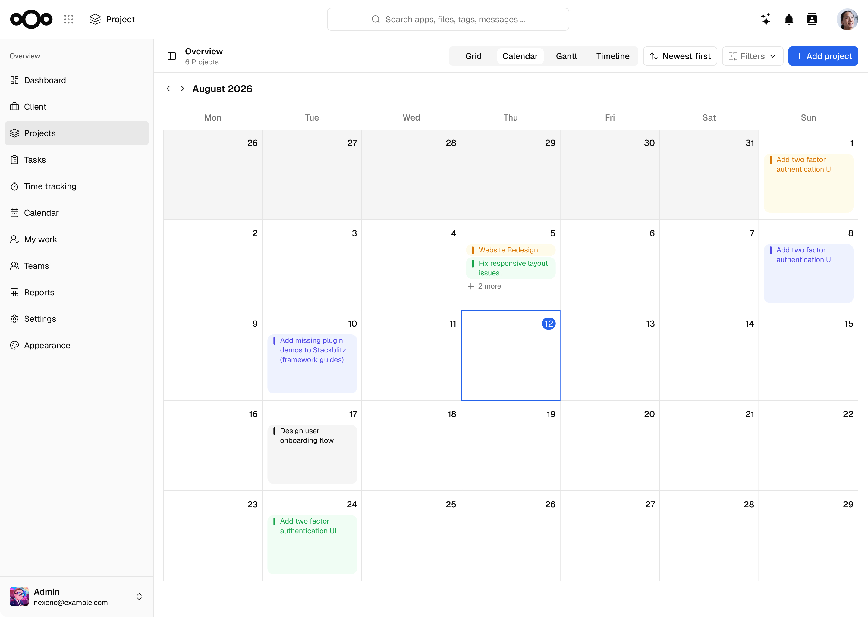 Nexeno Projects — calendar view