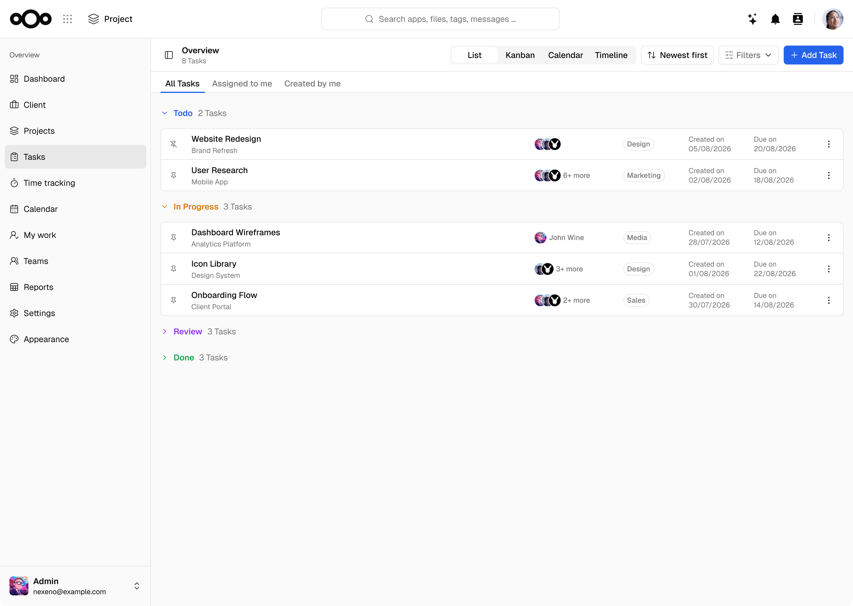 Nexeno Projects — task list view