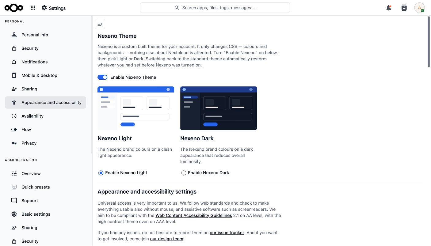 Nextcloud — custom branded theme applied with Nexeno