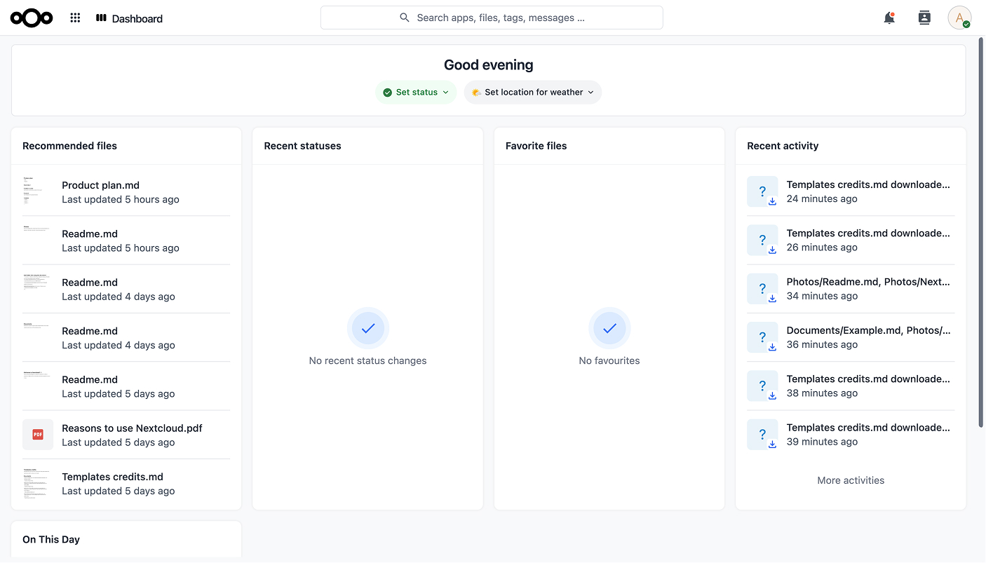 Nextcloud Dashboard — redesigned with Nexeno theme