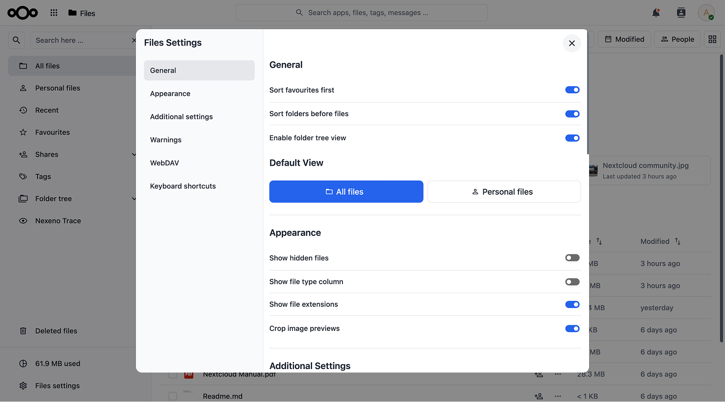 Nextcloud Files settings panel — redesigned with Nexeno theme