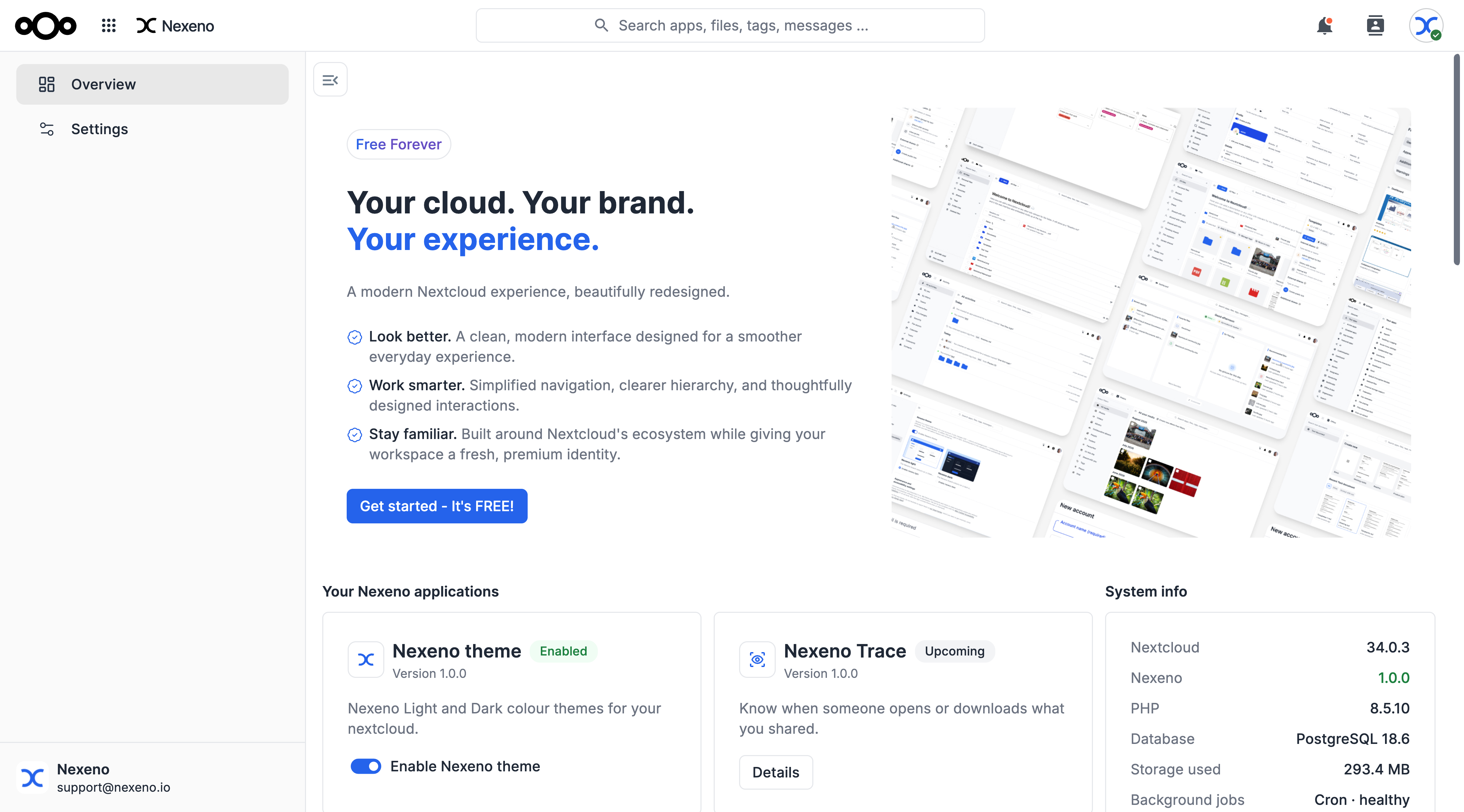 Nexeno-Dashboard mit dem Schalter zum Aktivieren des Nexeno-Themes